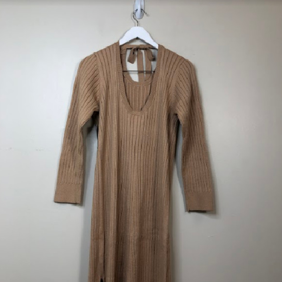 Wayf X Bff Hollie Women's Long Sleeve Crew Neck Bow Tie Sweater Dress Tan L, NWT - Picture 3 of 4